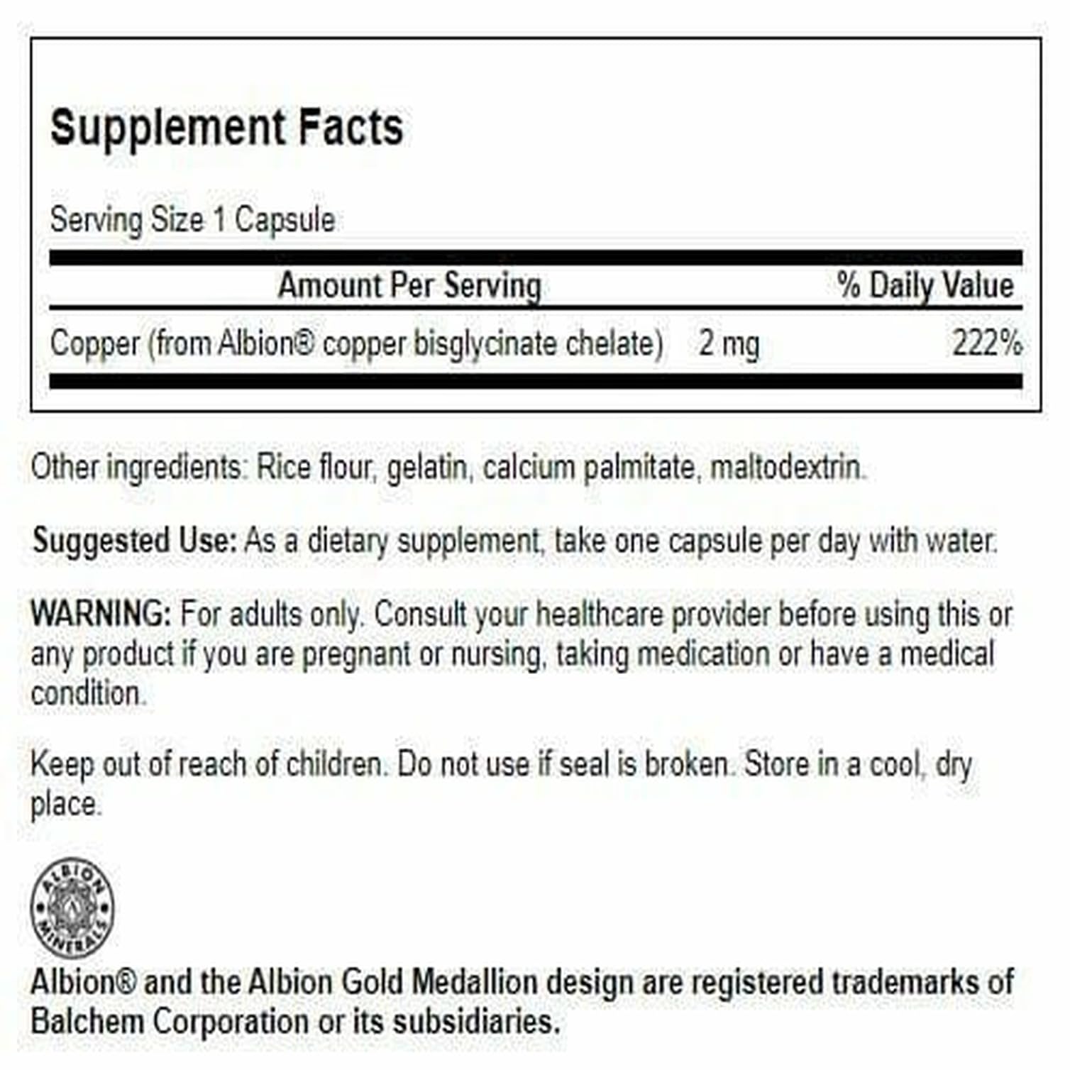 Close-up of Albion Chelated Copper 2 mg capsules
