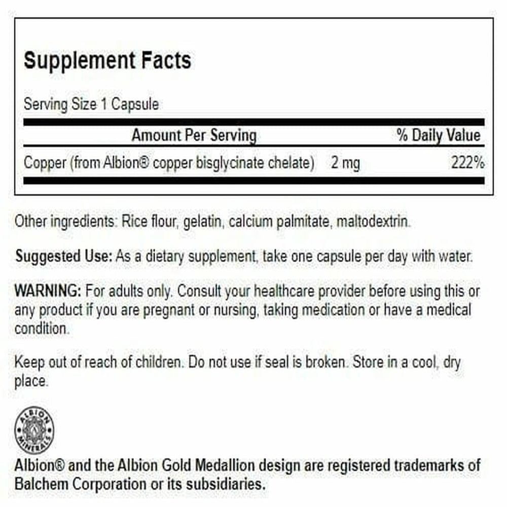 Close-up of Albion Chelated Copper 2 mg capsules