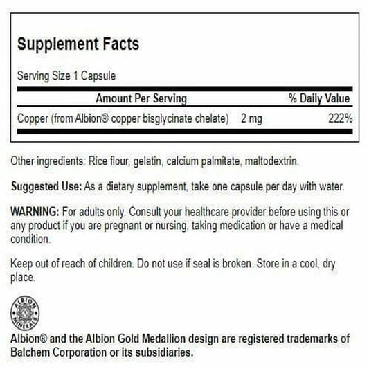 Close-up of Albion Chelated Copper 2 mg capsules