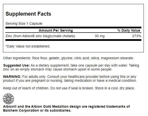Swanson Albion Chelated Zinc Glycinate 30 mg bottle with label (pack shot)