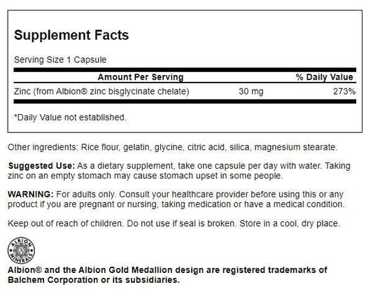 Swanson Albion Chelated Zinc Glycinate 30 mg bottle with label (pack shot)