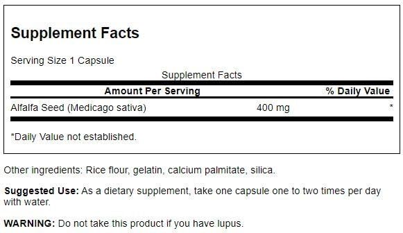 Close-up of Swanson Alfalfa Seed capsules label