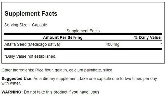 Close-up of Swanson Alfalfa Seed capsules label