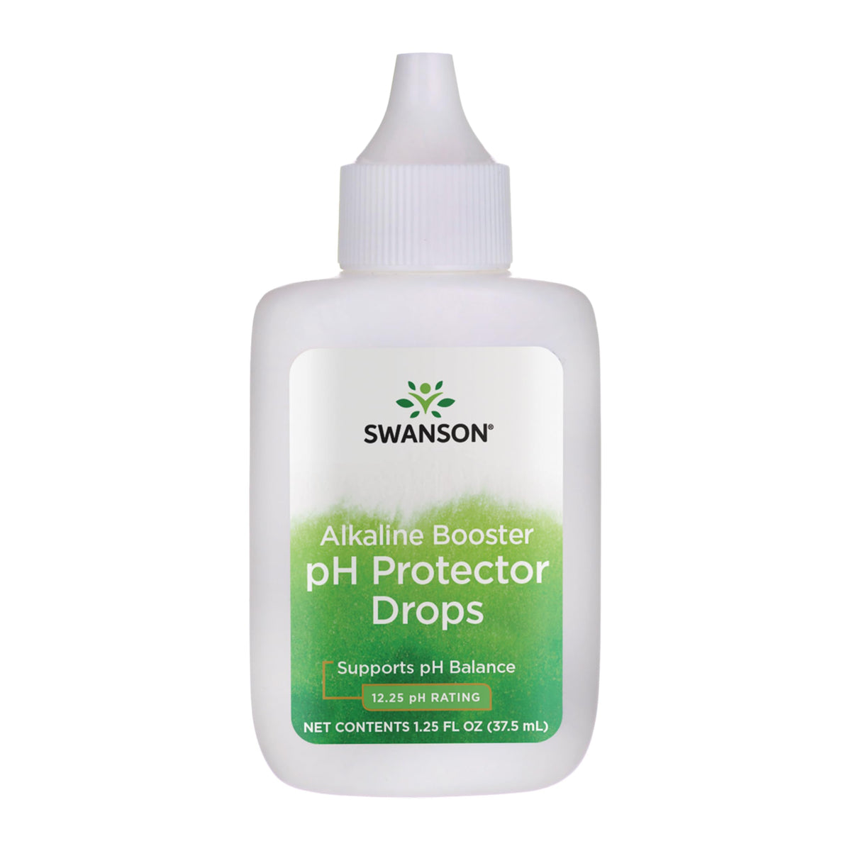 Swanson Alkaline Booster pH drops bottle showing 12.25 pH rating (1.25 oz).