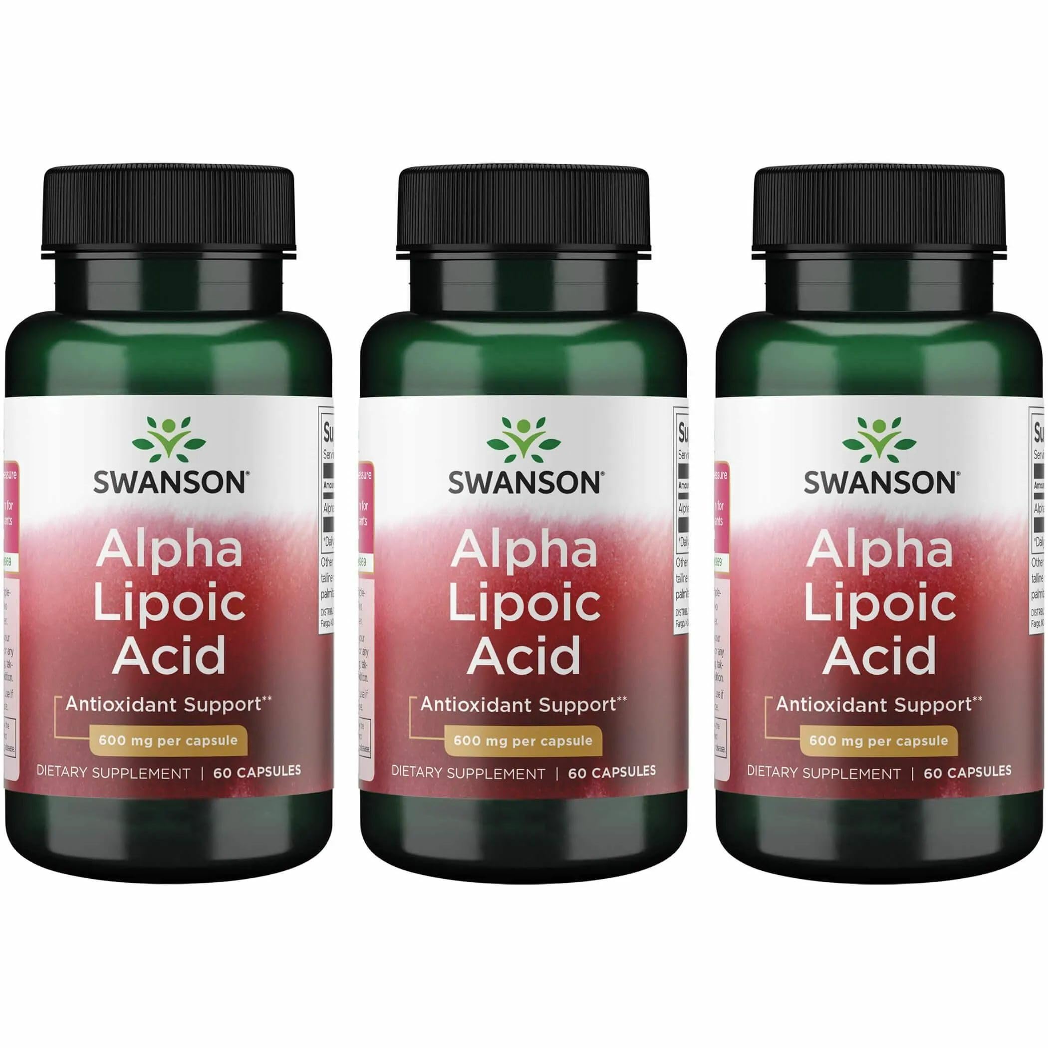 Swanson Alpha Lipoic Acid 600 mg capsules in bottle - 60 count - 3 pack