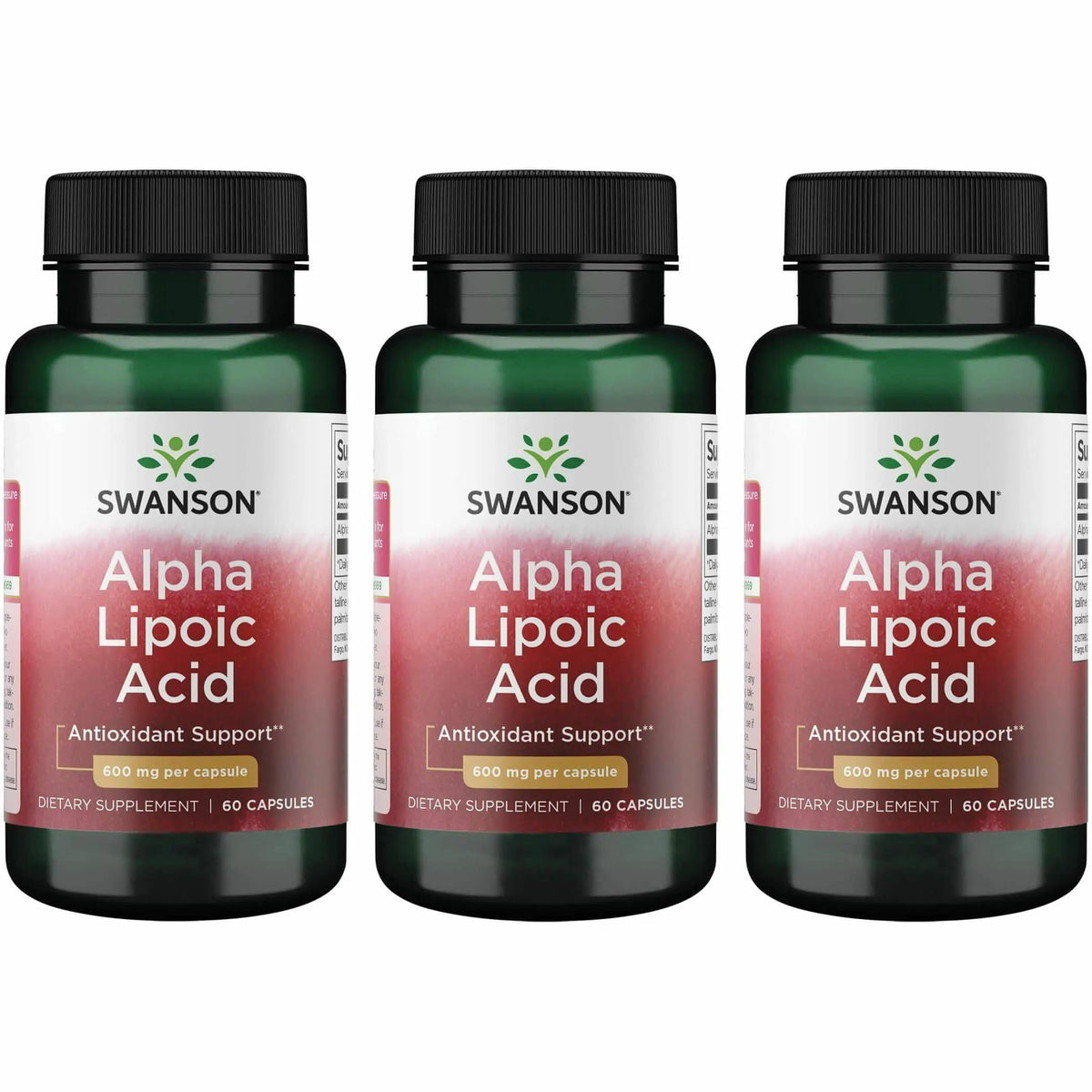 Swanson Alpha Lipoic Acid 600 mg capsules in bottle - 60 count - 3 pack