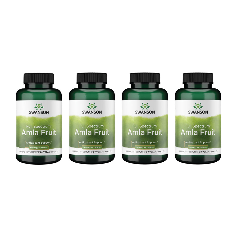 Swanson Full Spectrum Amla Fruit 4-Pack packaging with 120 capsules per bottle