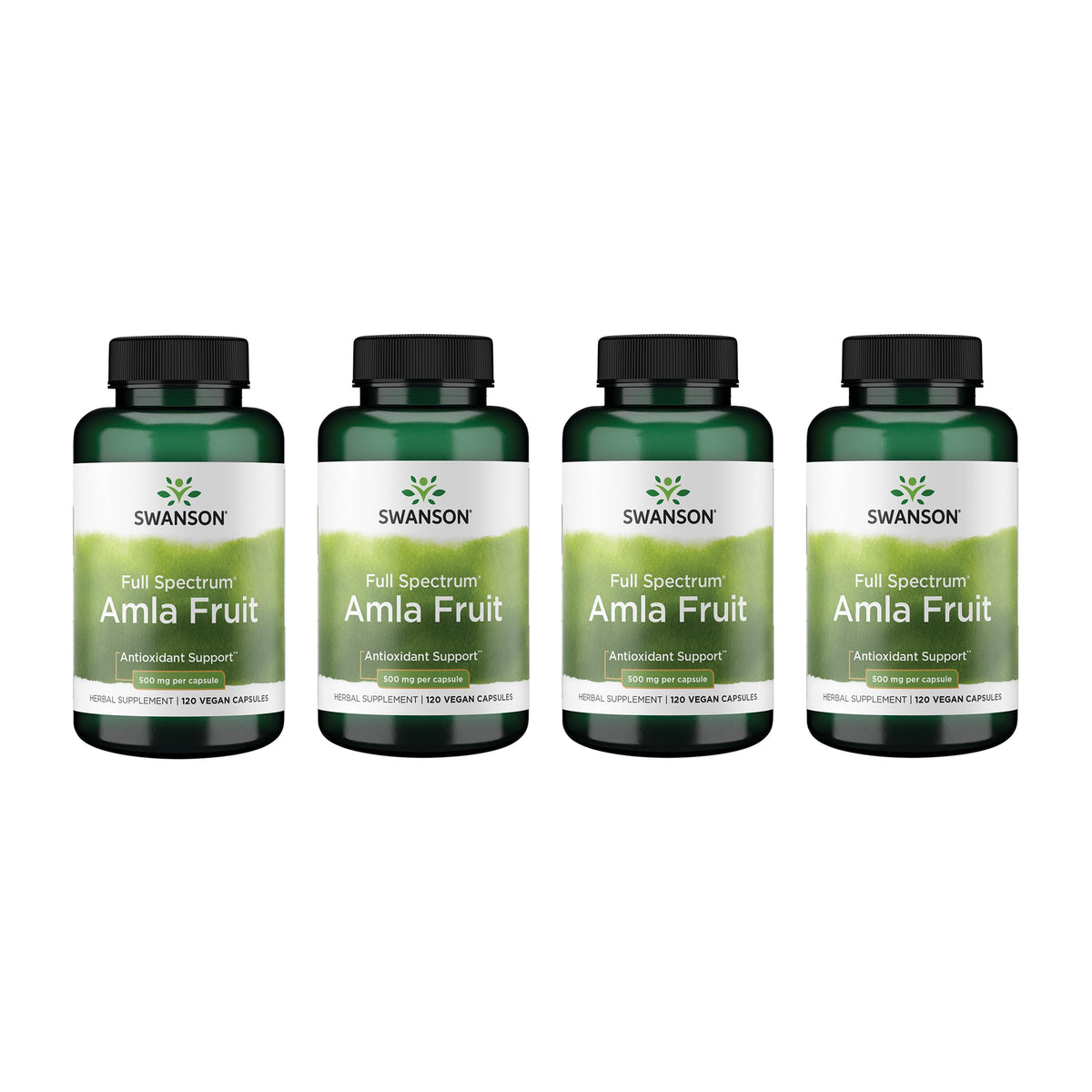 Swanson Full Spectrum Amla Fruit 4-Pack packaging with 120 capsules per bottle