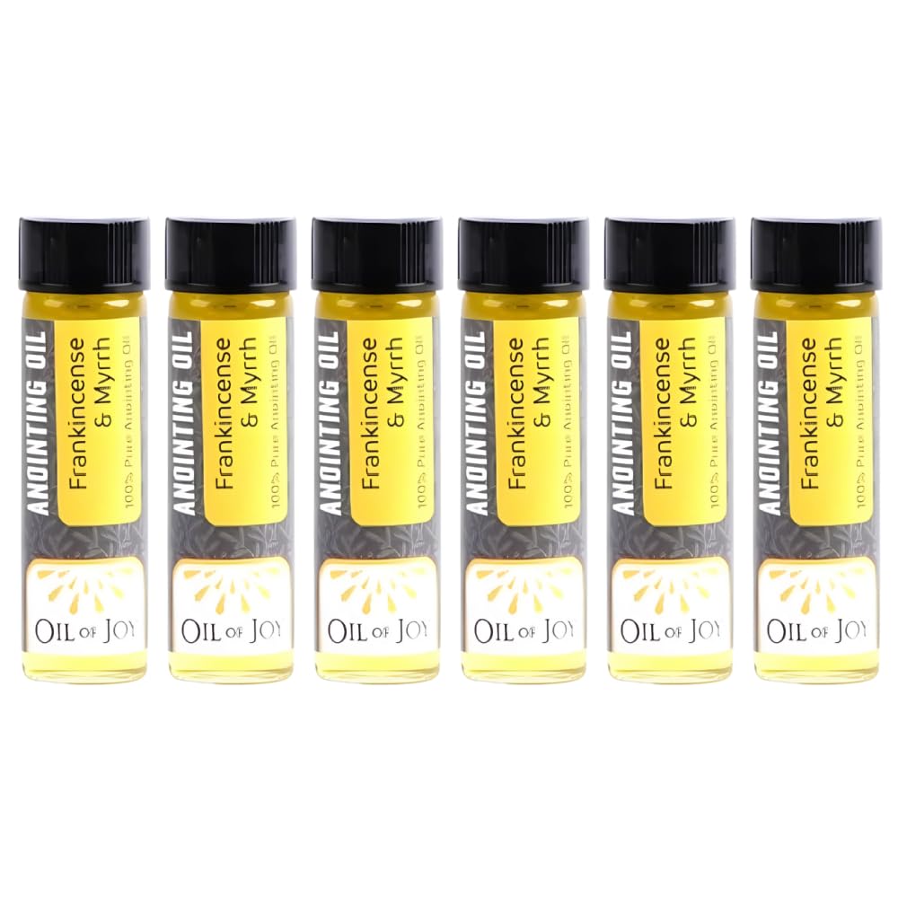Front view of Swanson Christian Products Anointing Oil bottle with Frankincense and Myrrh (1/4 oz) in a 6-pack