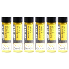 Front view of Swanson Christian Products Anointing Oil bottle with Frankincense and Myrrh (1/4 oz) in a 6-pack