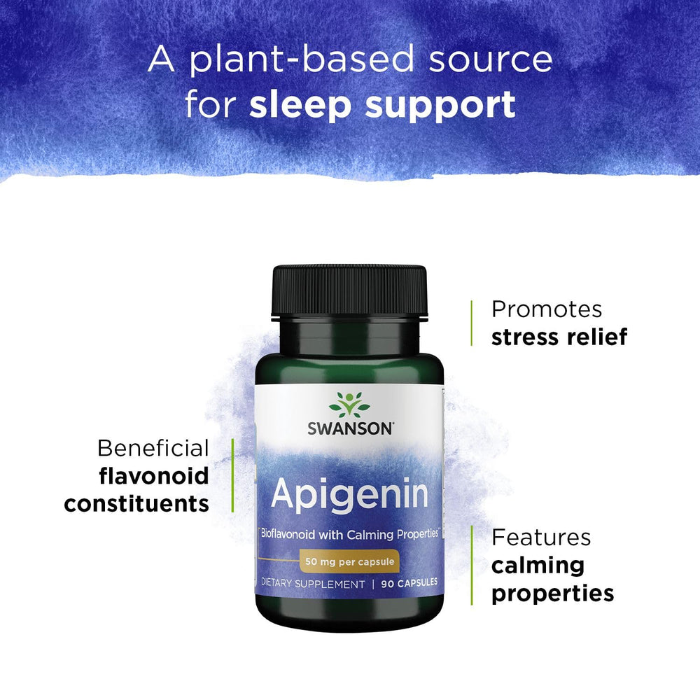 Bottle label featuring Swanson Apigenin and bioflavonoids for metabolism and nerve health