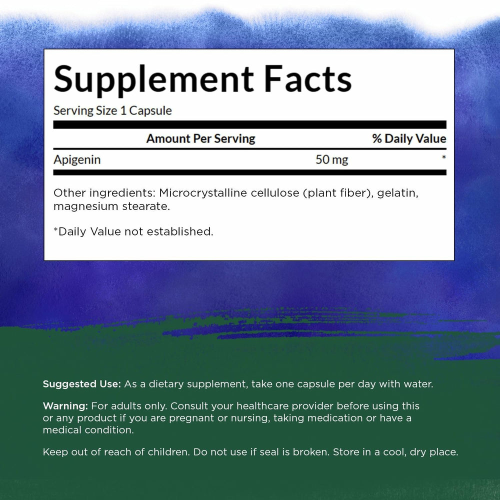 Close-up of Swanson Apigenin capsules highlighting cellular support and antioxidant benefits