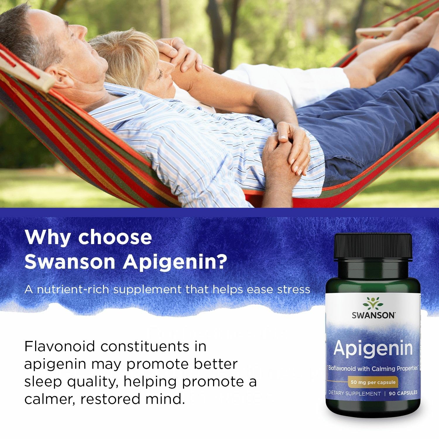 Product on a nightstand with Swanson Apigenin promoting relaxation and nighttime support