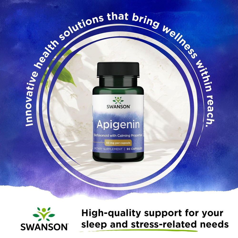 Lifestyle scene with Swanson Apigenin suggesting a calm evening and sleep routine