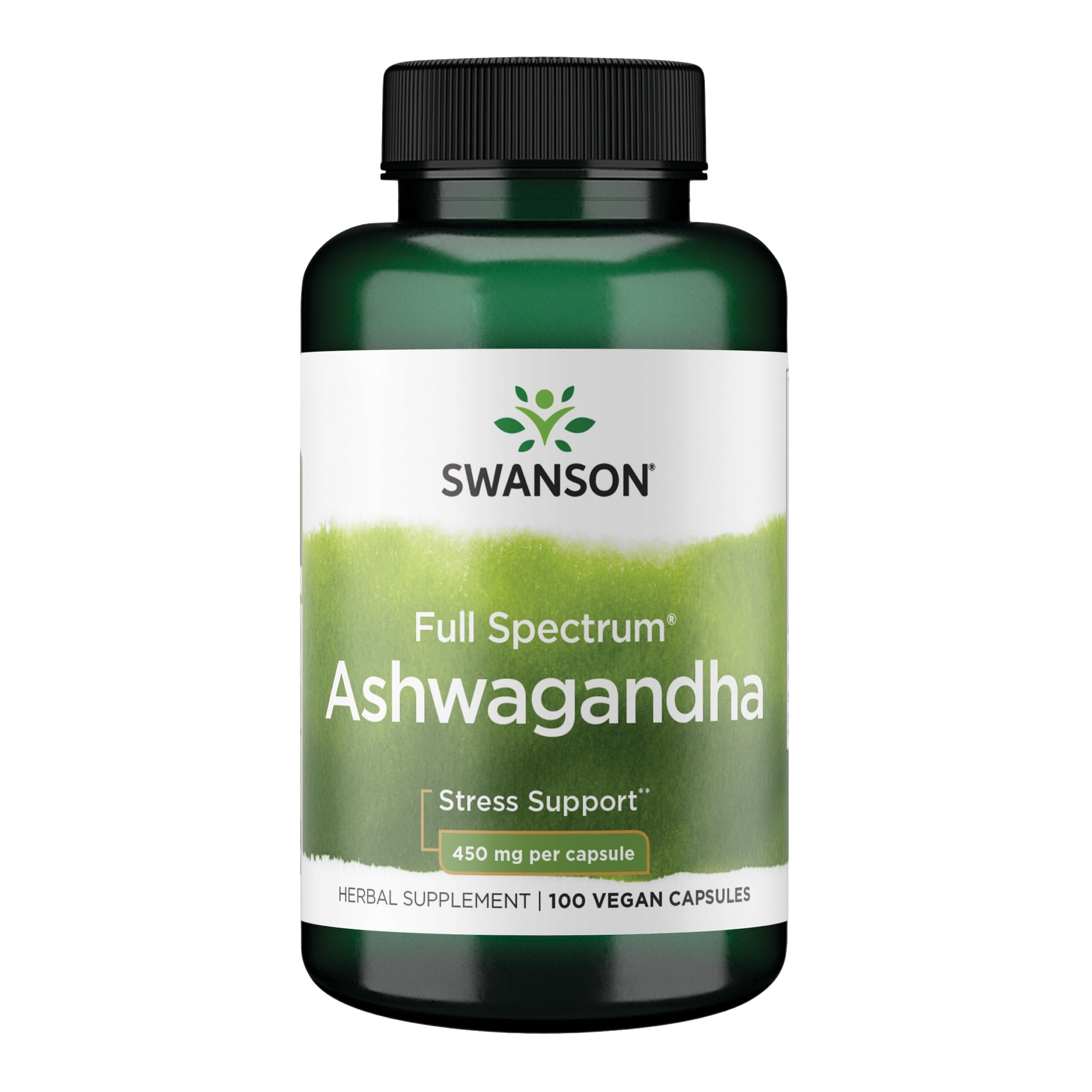 Swanson Ashwagandha powder bottle with 450mg capsules