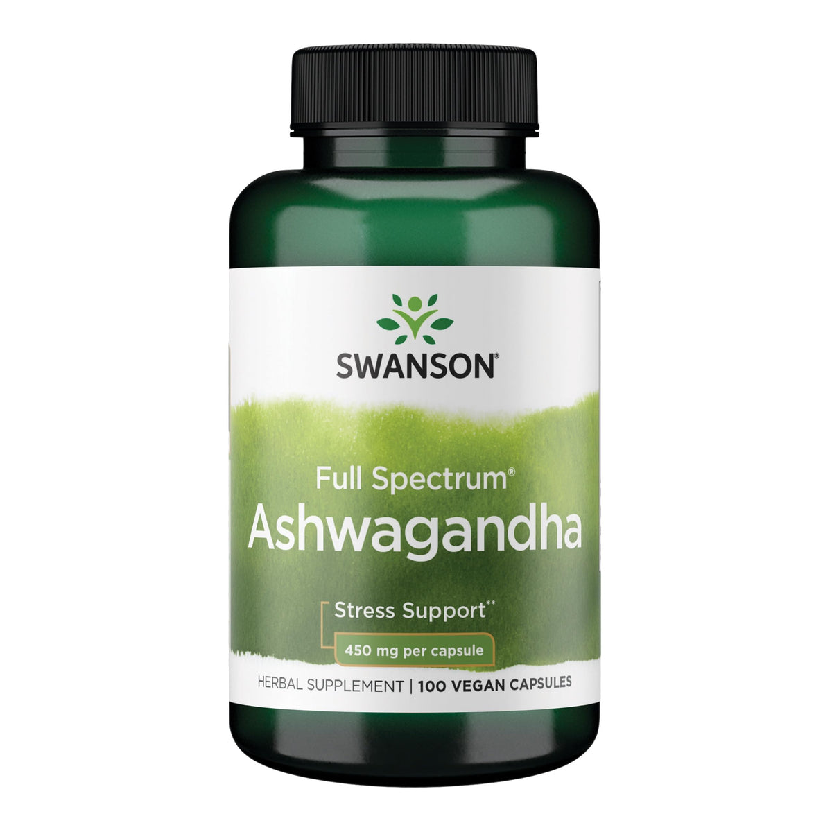 Swanson Ashwagandha powder bottle with 450mg capsules