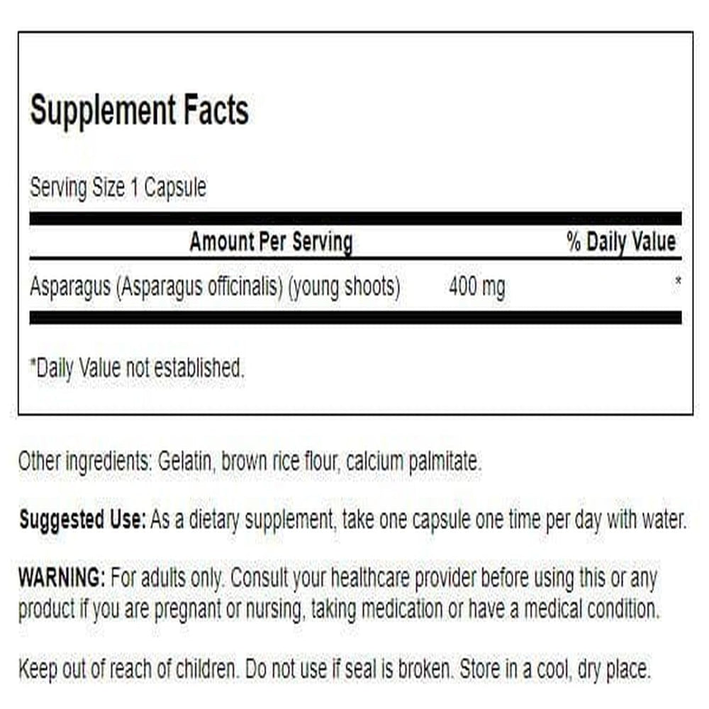 Close-up of product label on Swanson Asparagus Young Shoots bottle
