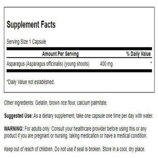 Close-up of product label on Swanson Asparagus Young Shoots bottle