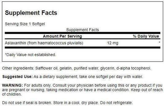 Close-up of Swanson Astaxanthin 12 mg label
