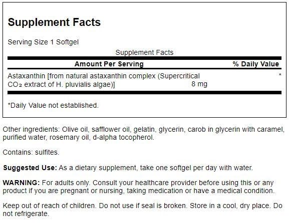 Product label for Swanson Astaxanthin 8 mg 30 sgels