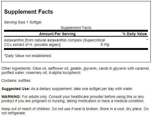 Product label for Swanson Astaxanthin 8 mg 30 sgels