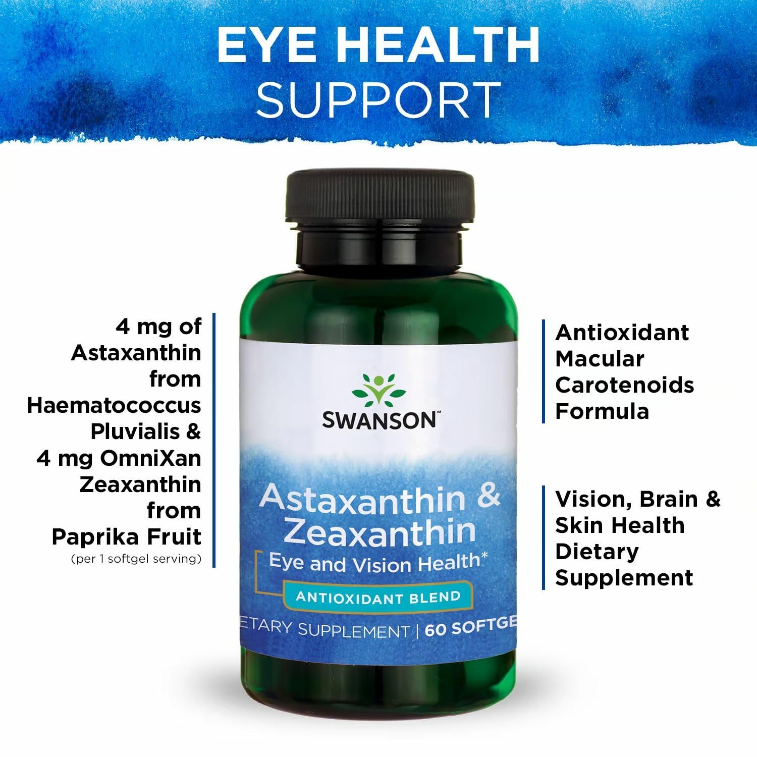 Label highlights including 4 mg astaxanthin and 4 mg Zeaxanthin per softgel