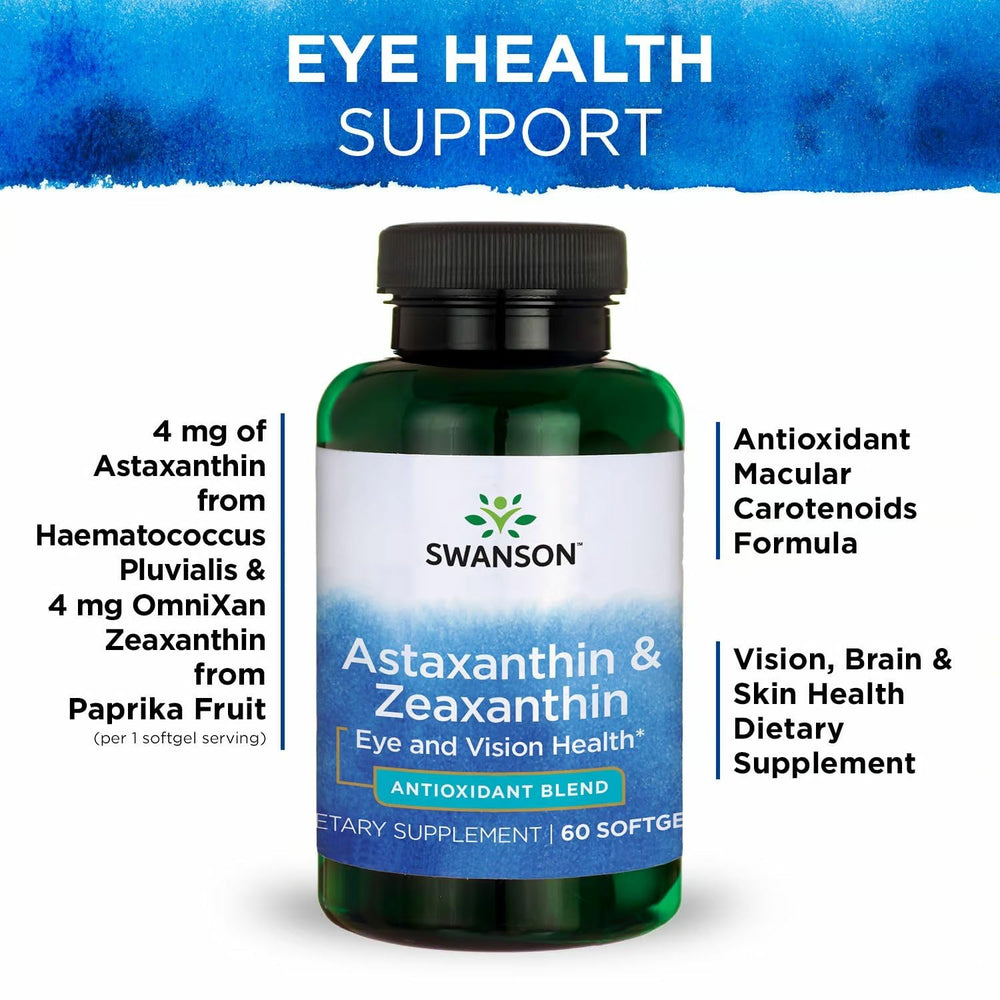 Label highlights including 4 mg astaxanthin and 4 mg Zeaxanthin per softgel