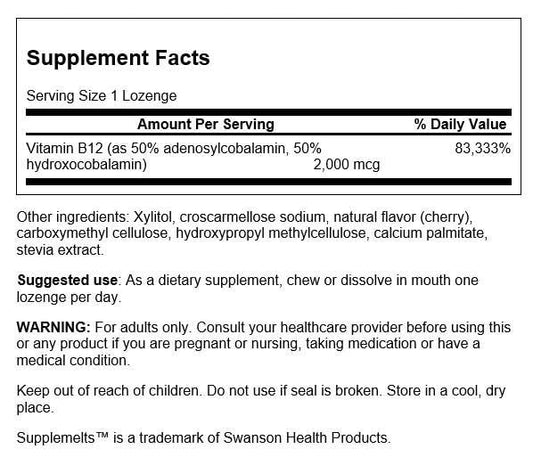 Bottle and packaging for Swanson Sublingual Activated Vitamin B-12 60 Tabs
