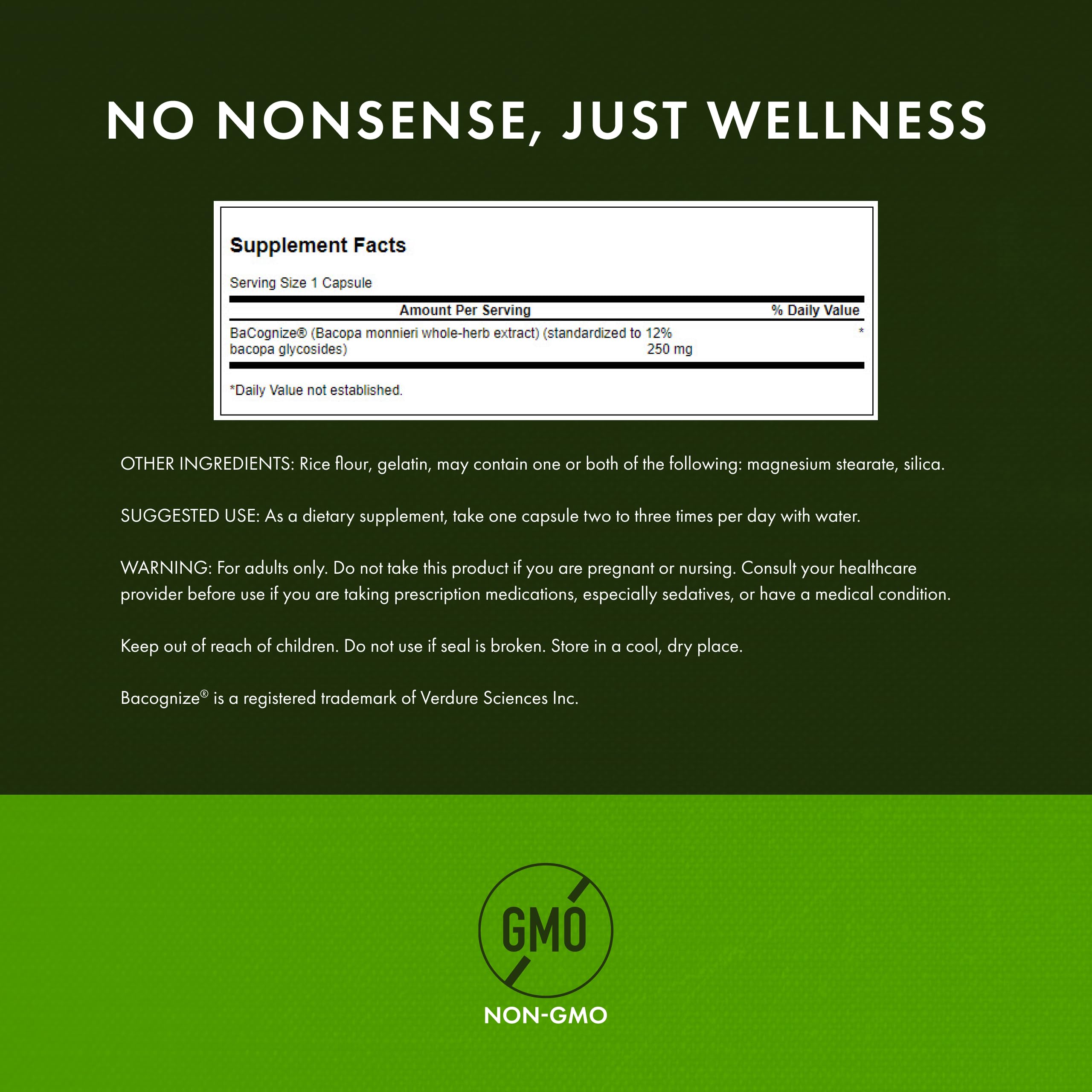 Close-up of Bacognize 12% bacopa glycosides on the label