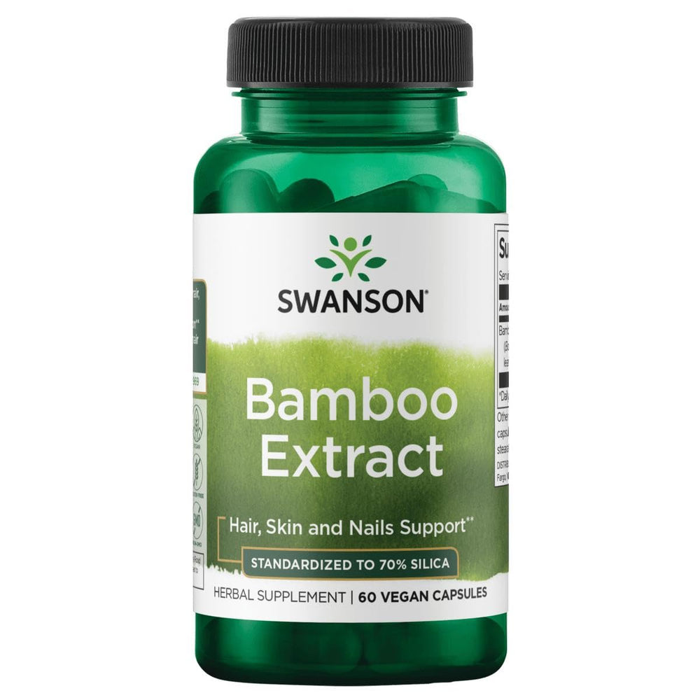 Bottle label showing Swanson Bamboo Extract, 300 mg silica per serving