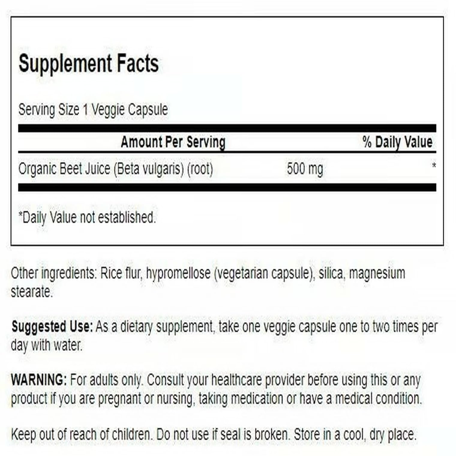 Close-up view of Swanson beet juice capsules, 500 mg per capsule