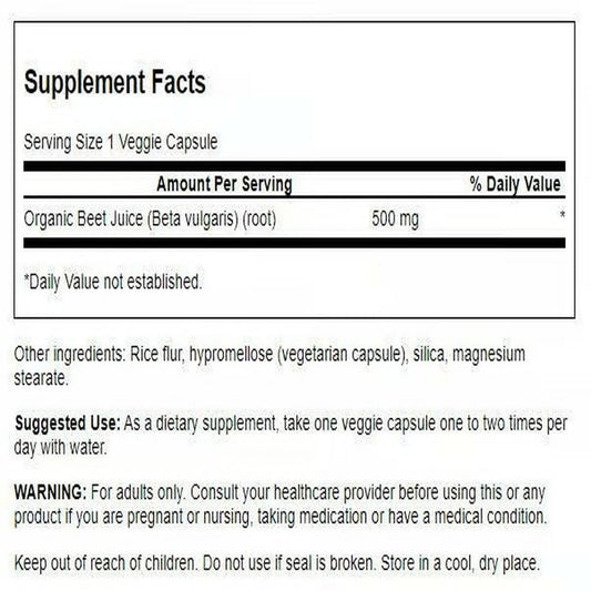 Close-up view of Swanson beet juice capsules, 500 mg per capsule