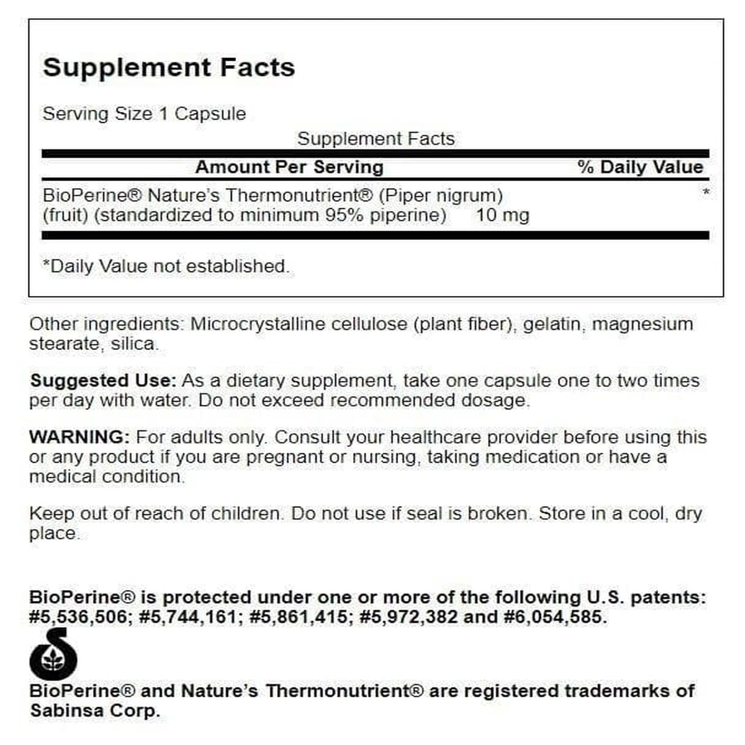 Close-up of Swanson Bioperine bottle label with Bioperine branding