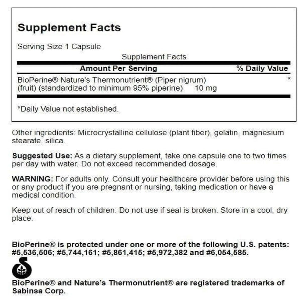 Close-up of Swanson Bioperine bottle label with Bioperine branding