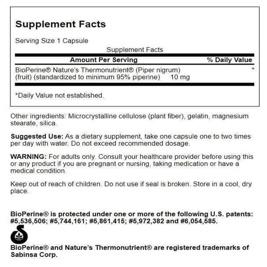 Close-up of Swanson Bioperine bottle label with Bioperine branding