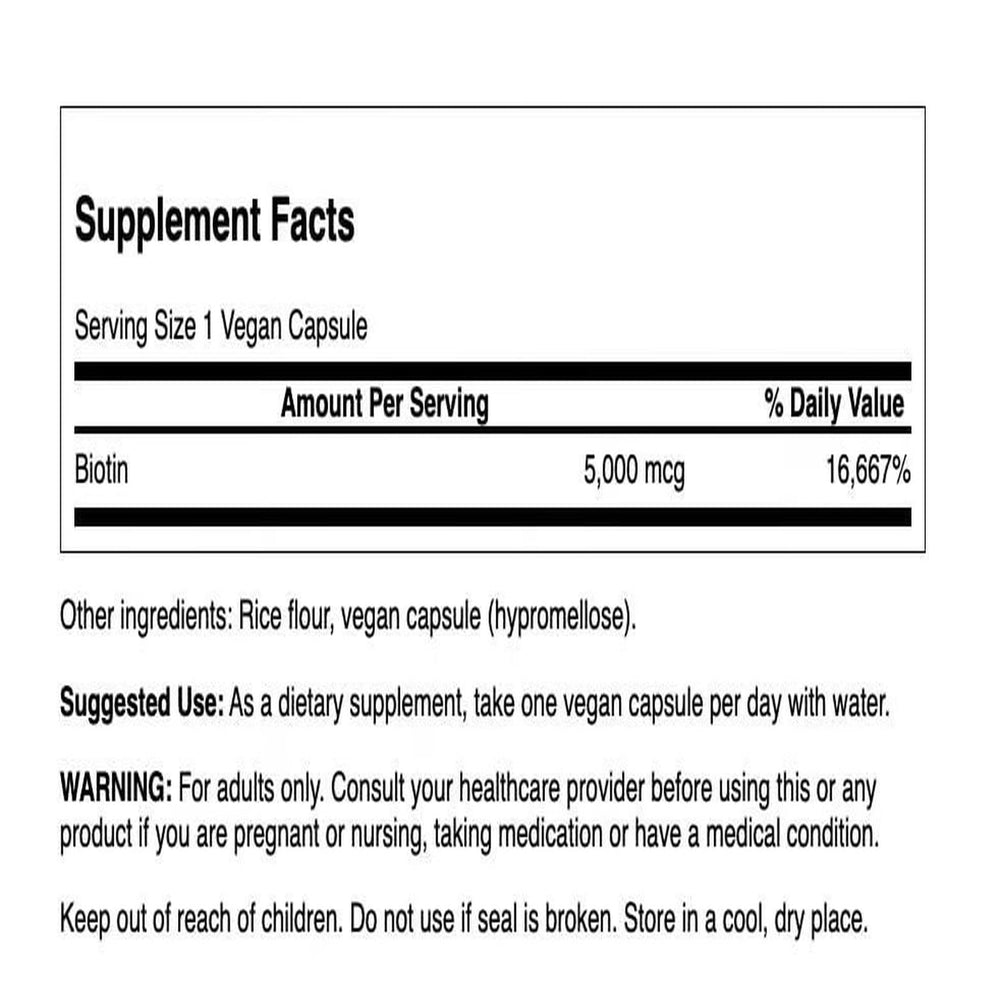 Close-up of Swanson Biotin 5000 mcg bottle label