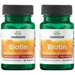 Swanson Biotin Timed-Release 10,000 mcg - 60 Tabs (2 Pack) bottle and capsules