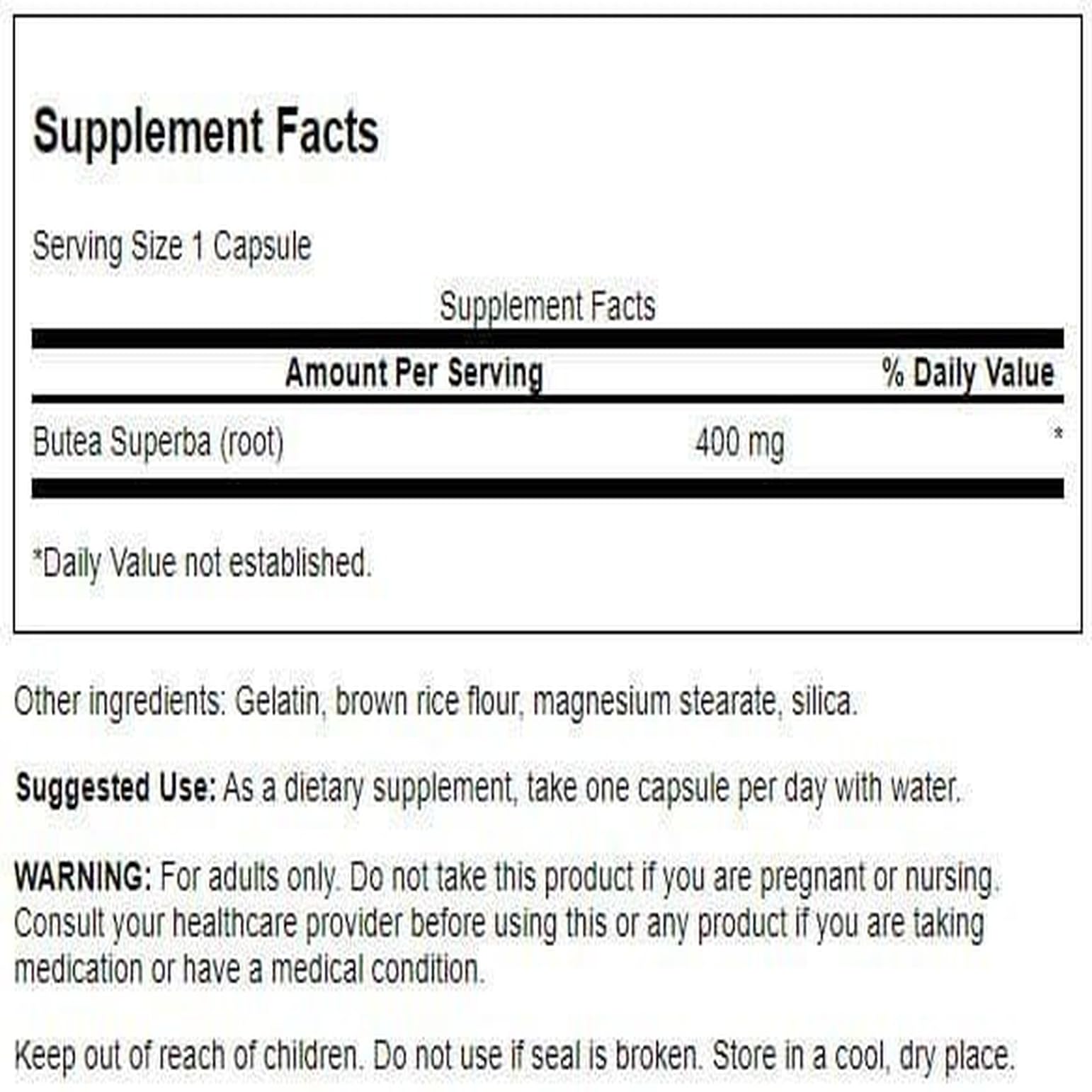 Supplement facts label for Swanson Butea Superba Root