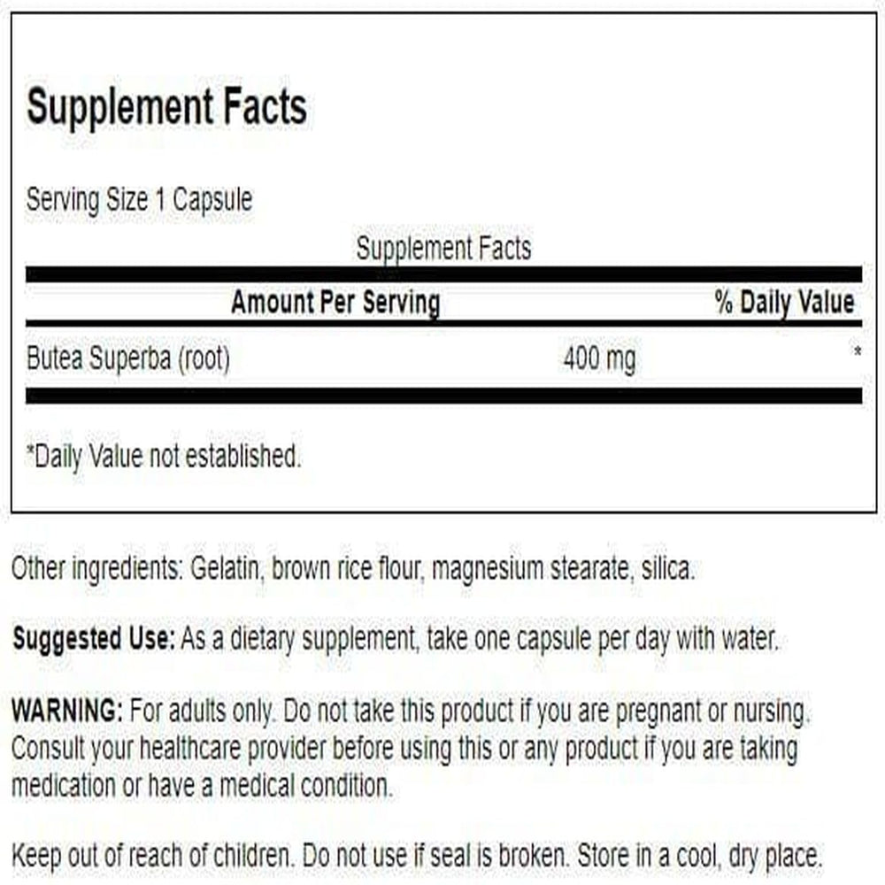 Supplement facts label for Swanson Butea Superba Root