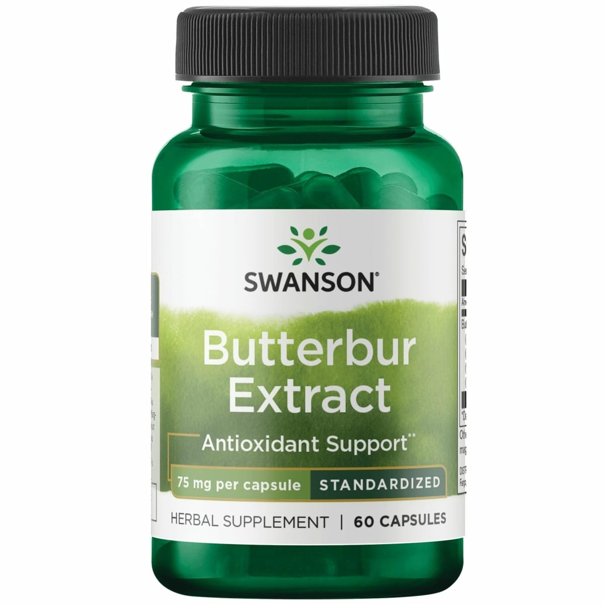 Swanson Butterbur Extract bottle—standardized 75 mg per serving, 60 capsules