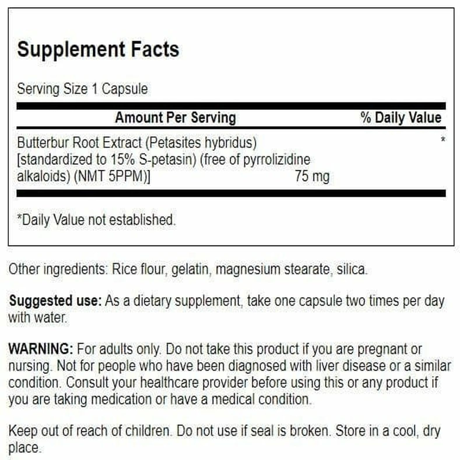 Close-up of Swanson Butterbur Extract label showing 75 mg standardization