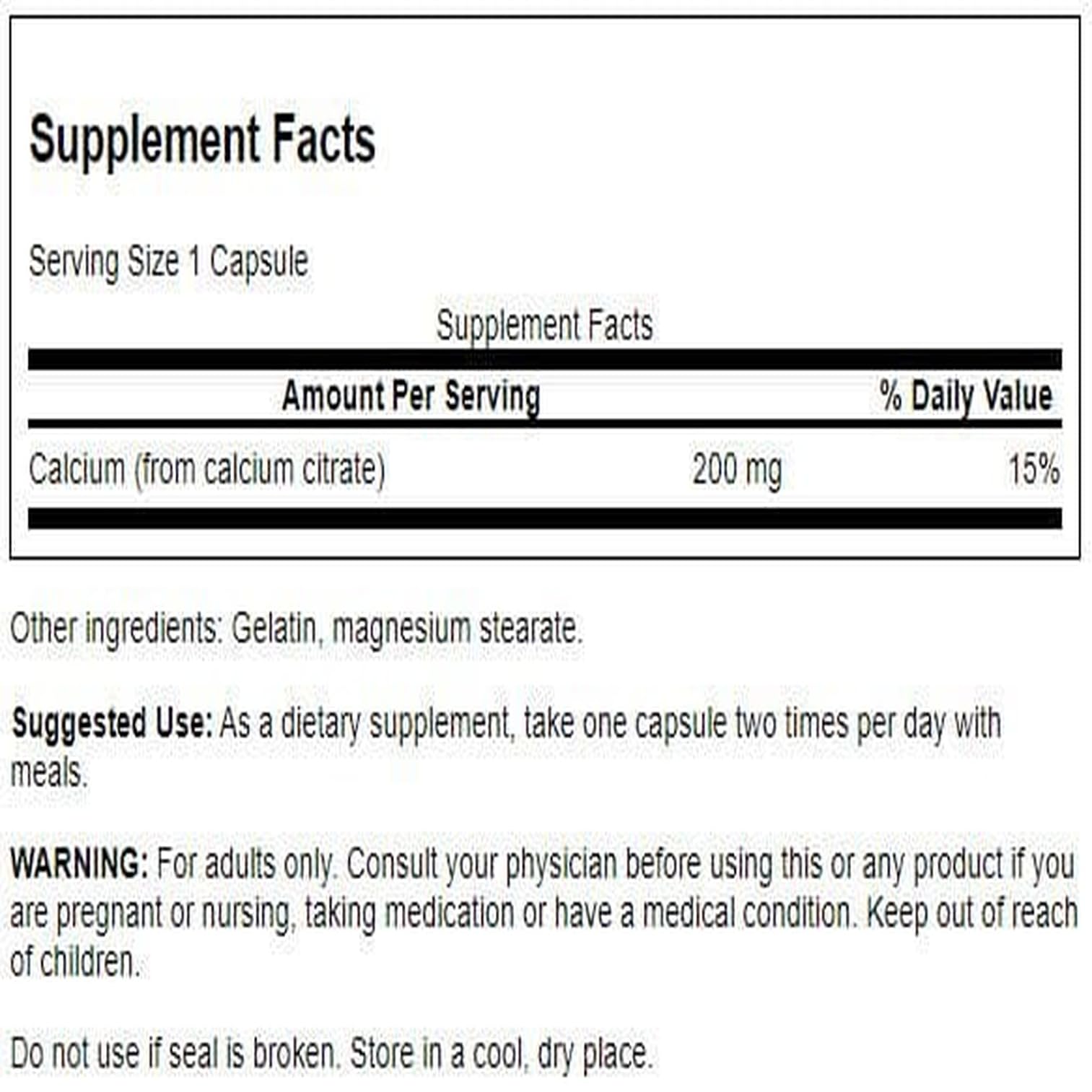 Swanson Calcium Citrate 200 mg 60 Caps bottle – side view