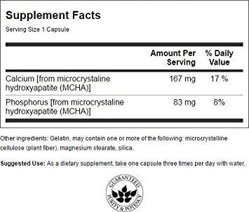 Supplement facts and bottle of Swanson Calcium Micro Hydroxy with PHOS 120 caps