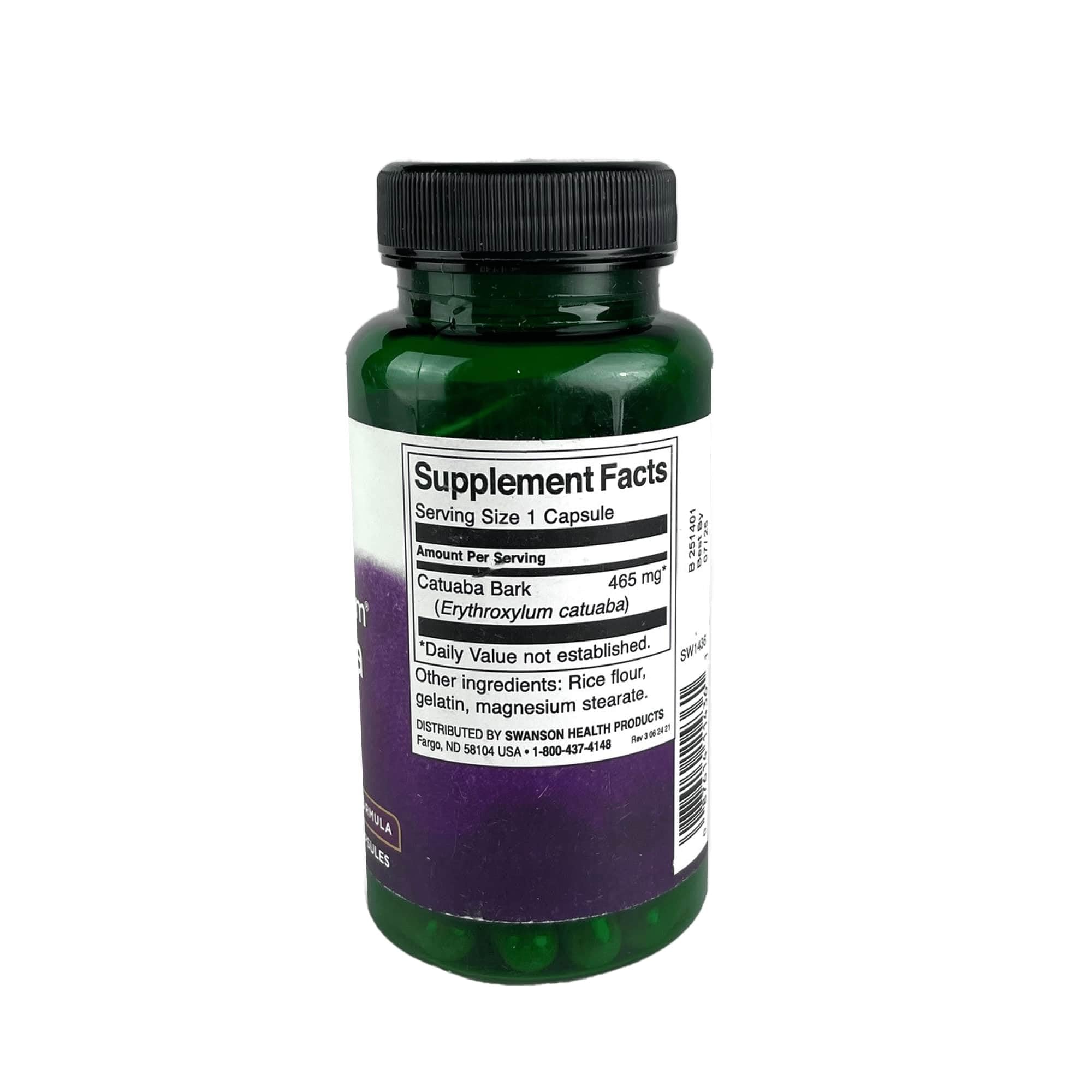 Close-up of Swanson Catuaba Bark capsules showing 465 mg each