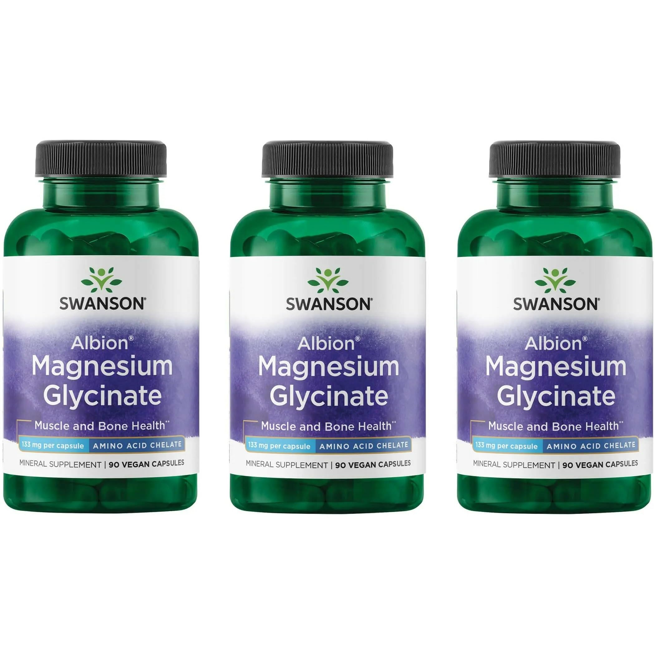 Bottle of Swanson Chelated Magnesium Glycinate 133 mg, 90 capsules, 3-pack