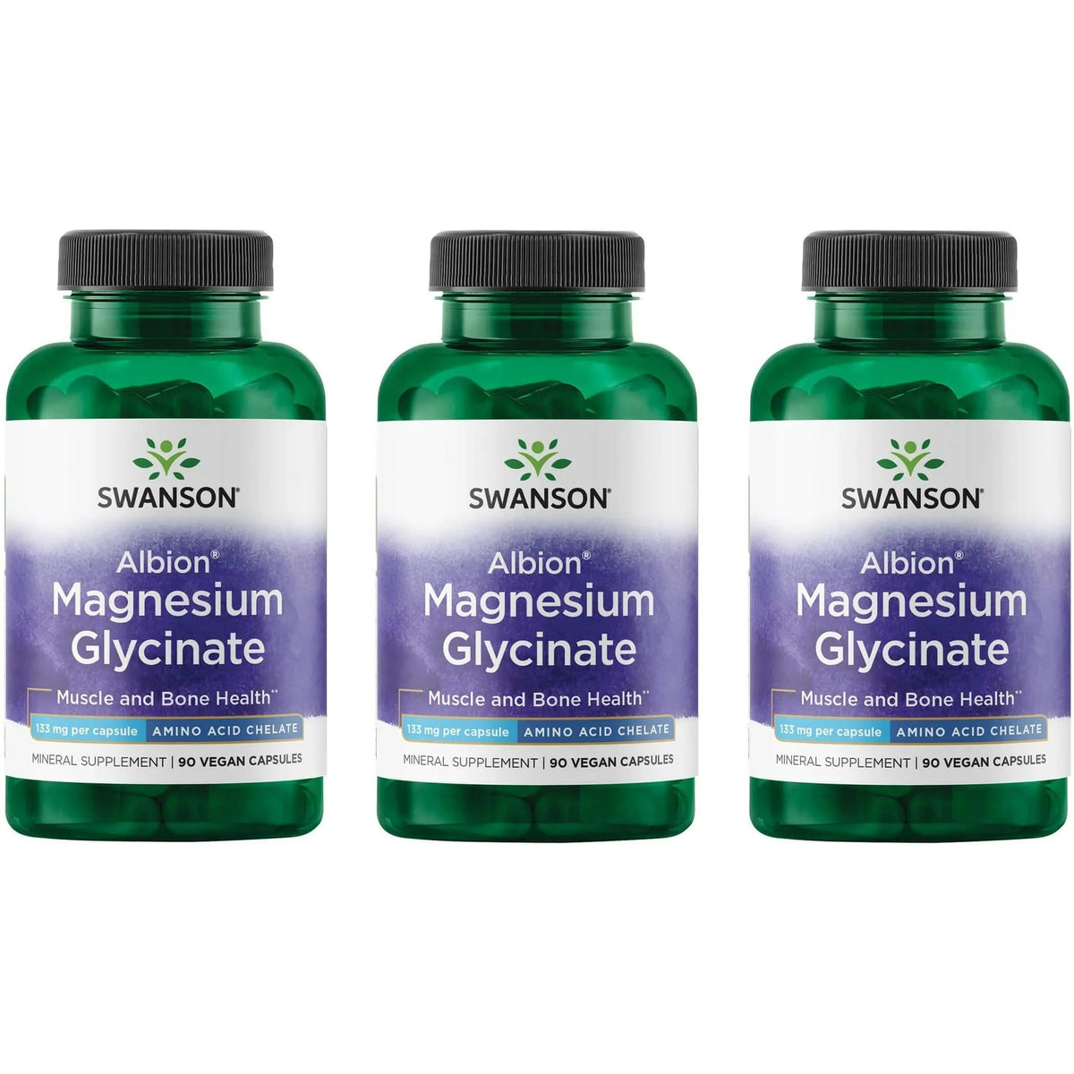 Bottle of Swanson Chelated Magnesium Glycinate 133 mg, 90 capsules, 3-pack