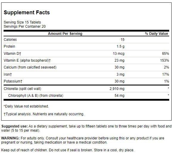 Close-up of Swanson Chlorella 194 mg 300 Tabs packaging