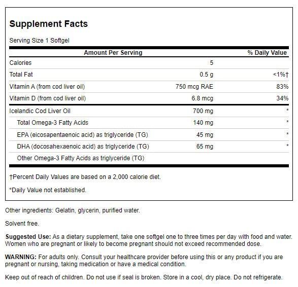 Close-up of Swanson COD Liver Oil DBL-Strength softgels