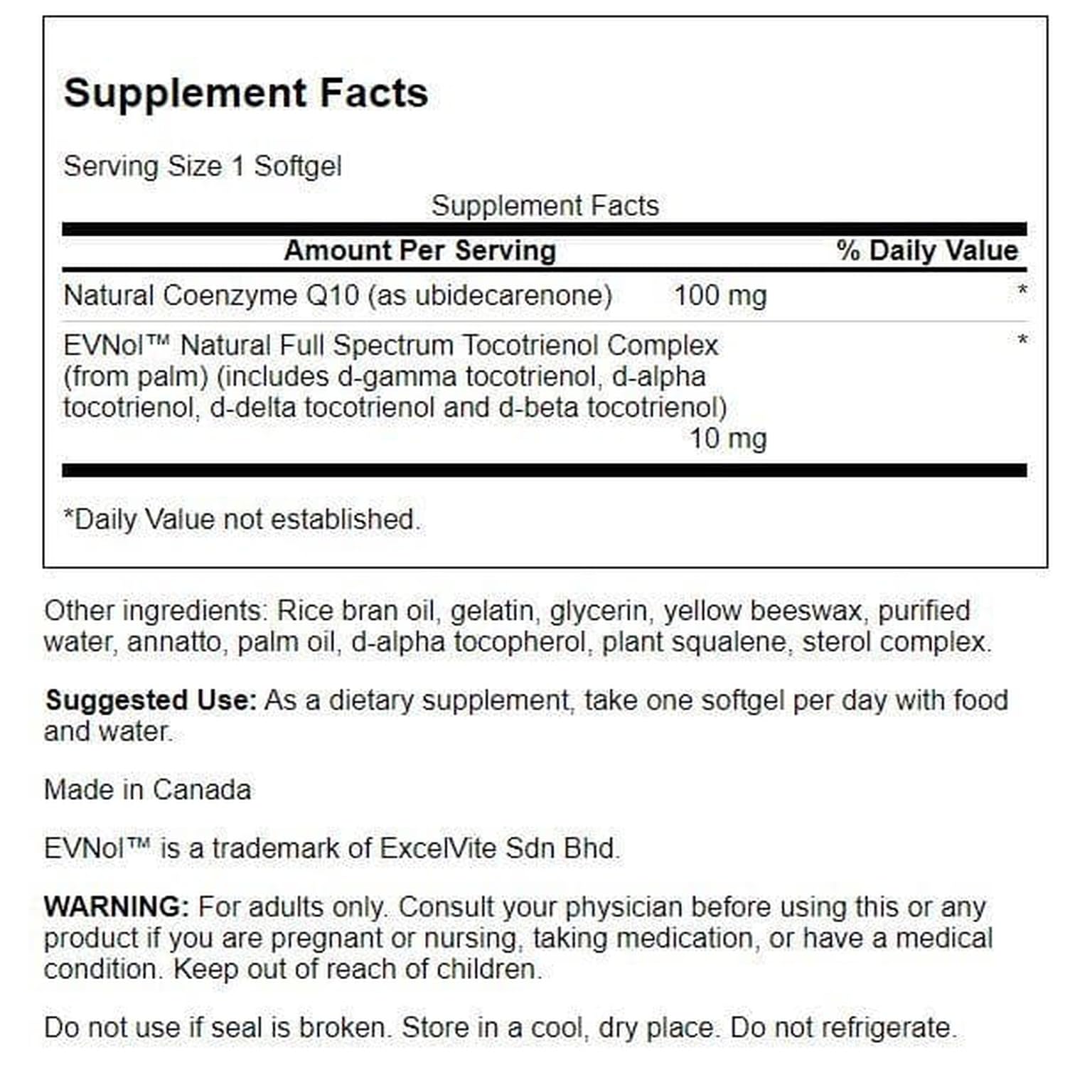 Supplement facts panel for CoQ10 and tocotrienols