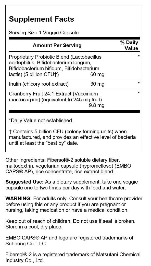 Swanson Cranberry Probiotic 60 Veg Capsules bottle - label close-up
